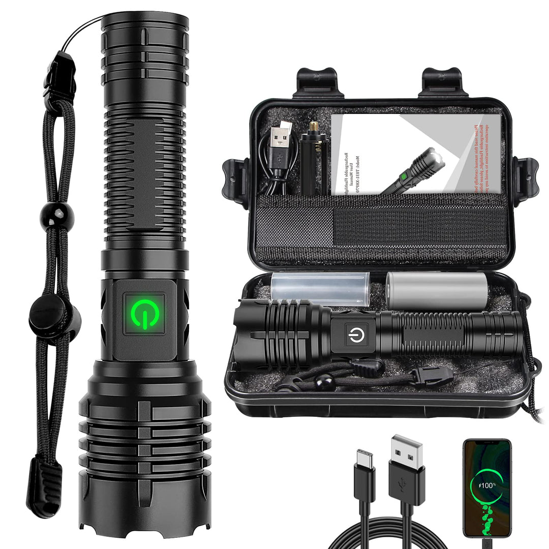 Banral 100000 lumen oplaadbare zaklamp, IPX6 waterdicht, 5 standen, zoombaar, aluminium