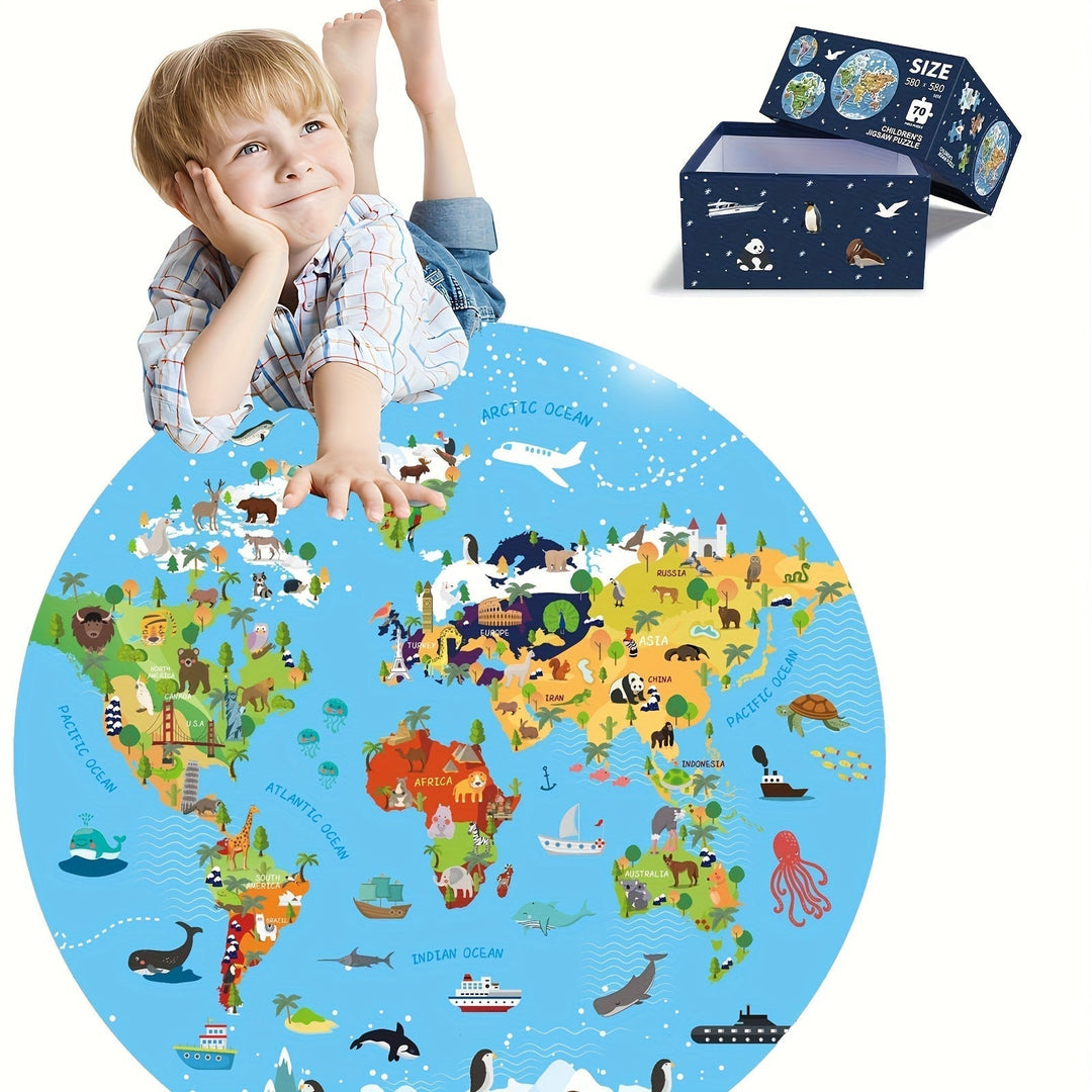 Vloerpuzzel van 70 Stukjes – Rond Wereldkaartdesign voor Kinderen