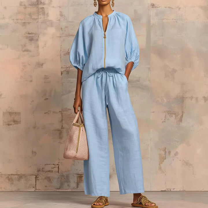 Casual Relaxed-fit Solid-color Zip-up Crew-neck Wide-leg Pants Set