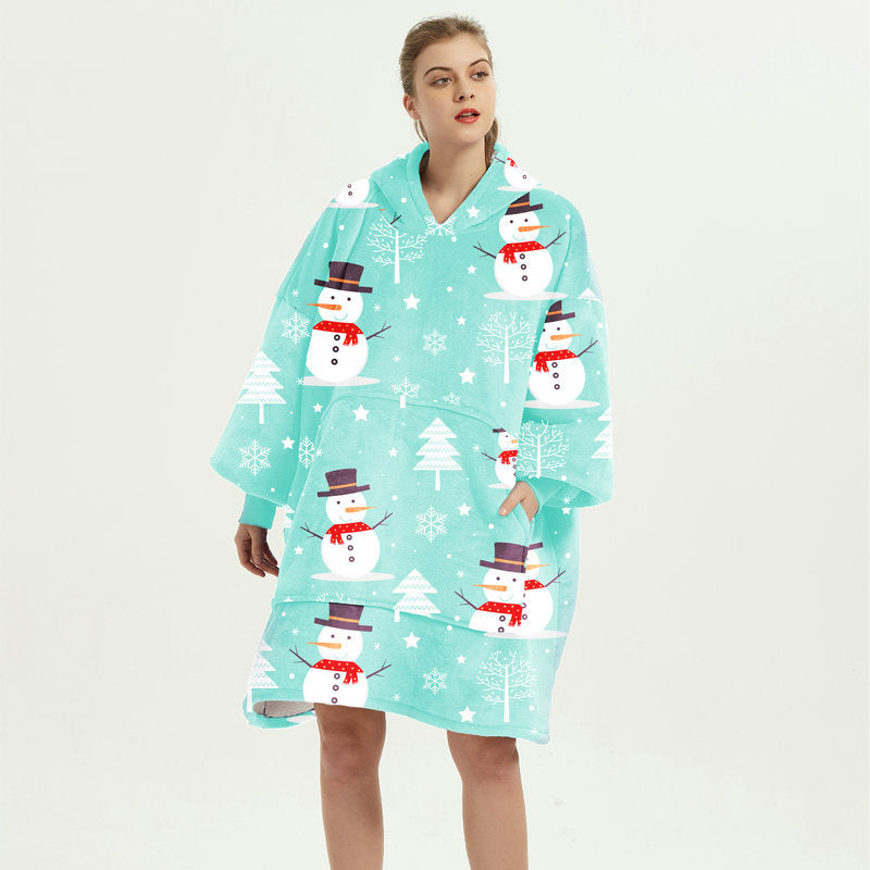 Draagbare deken hoodie met vrolijke print, dubbellaags flanel