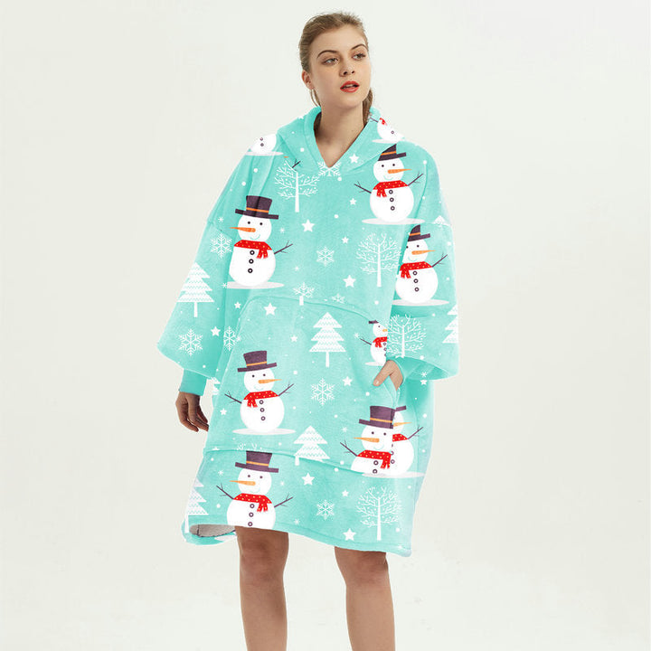 Draagbare deken hoodie met vrolijke print, dubbellaags flanel