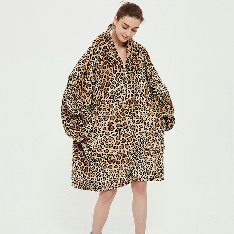 Draagbare deken hoodie met vrolijke print, dubbellaags flanel
