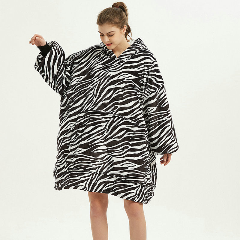 Draagbare deken hoodie met vrolijke print, dubbellaags flanel