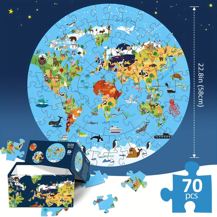 Vloerpuzzel van 70 Stukjes – Rond Wereldkaartdesign voor Kinderen