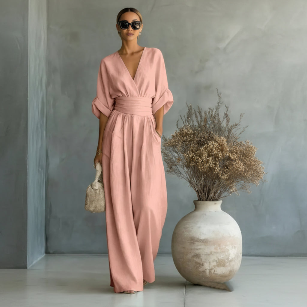 Summer Short-sleeved Jumpsuit Fashion Casual V-Neck Wide-Leg Pants Womens Clothing
