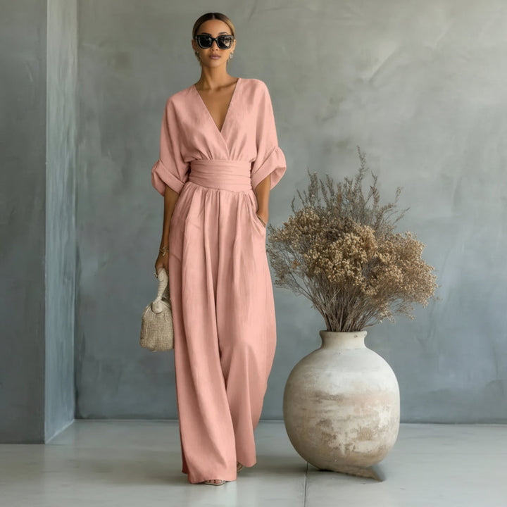 Summer Short-sleeved Jumpsuit Fashion Casual V-Neck Wide-Leg Pants Womens Clothing