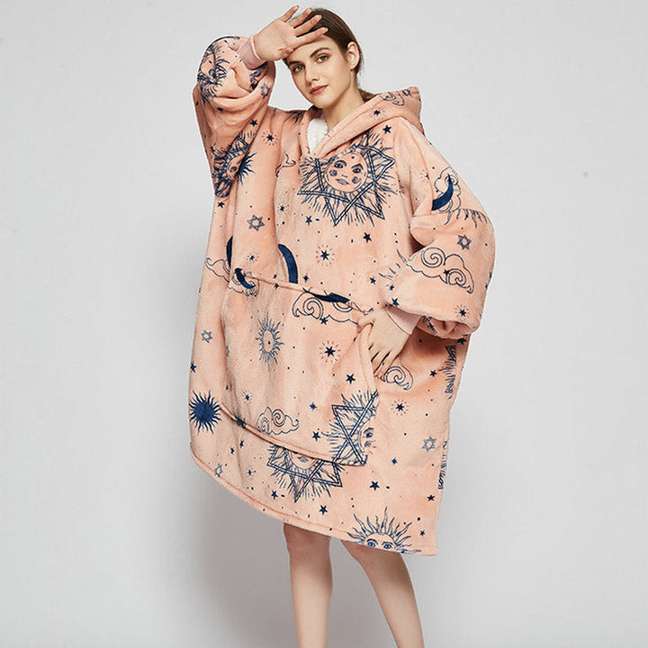 Draagbare deken hoodie met vrolijke print, dubbellaags flanel