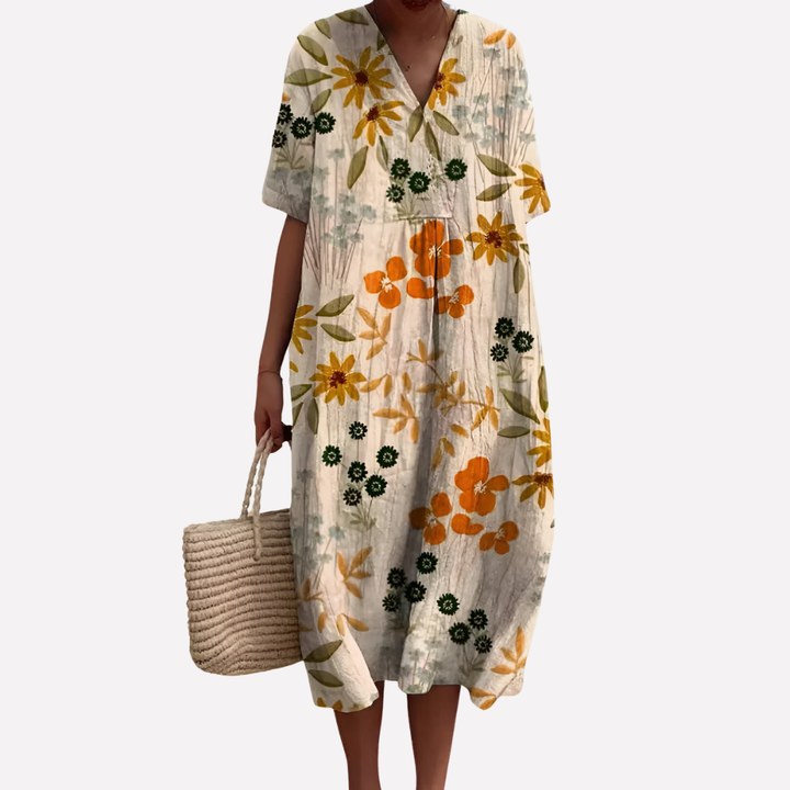 Dames Floral Zomerjurk – V-Hals & Korte Mouwen