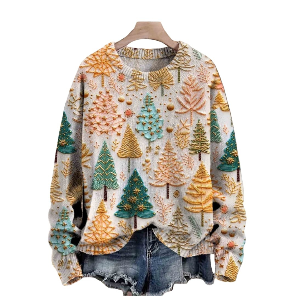 Dames Gebreide Trui met Boompatroon en Ronde Halslijn