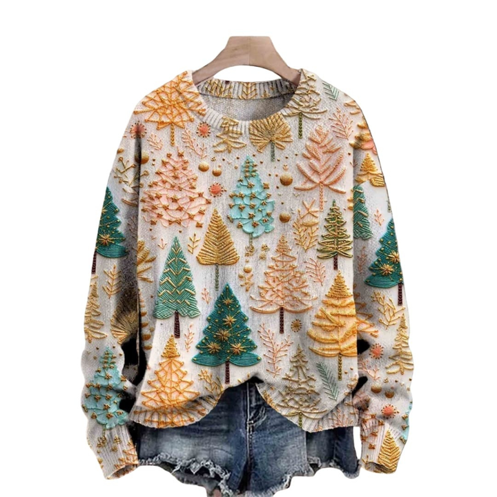 Dames Gebreide Trui met Boompatroon en Ronde Halslijn