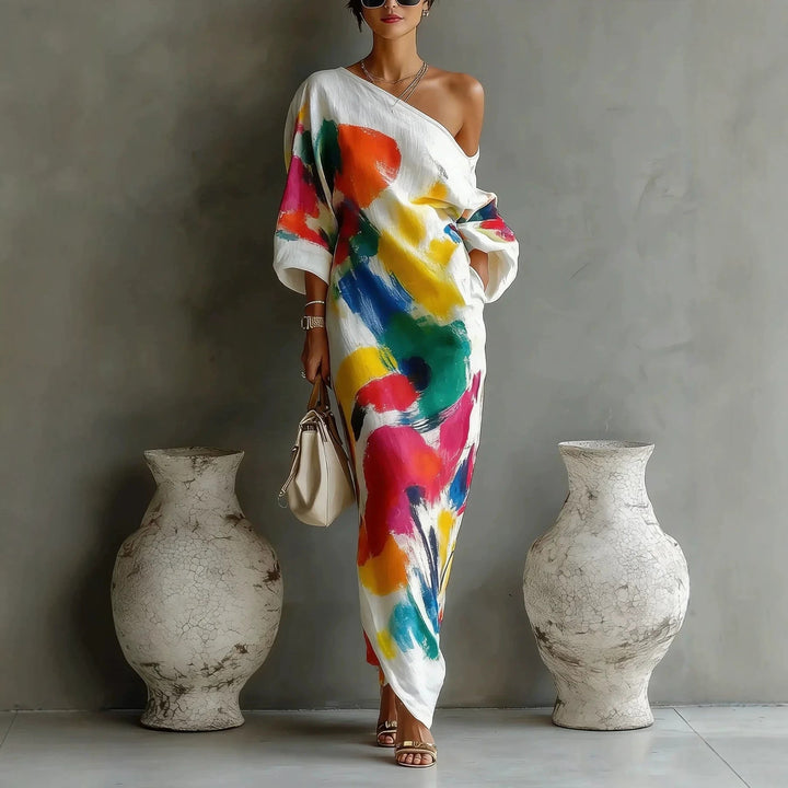 Womens Casual Off-shoulder Printed Graffiti Dress