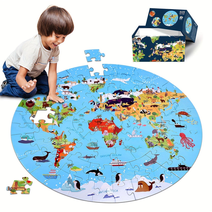 Vloerpuzzel van 70 Stukjes – Rond Wereldkaartdesign voor Kinderen