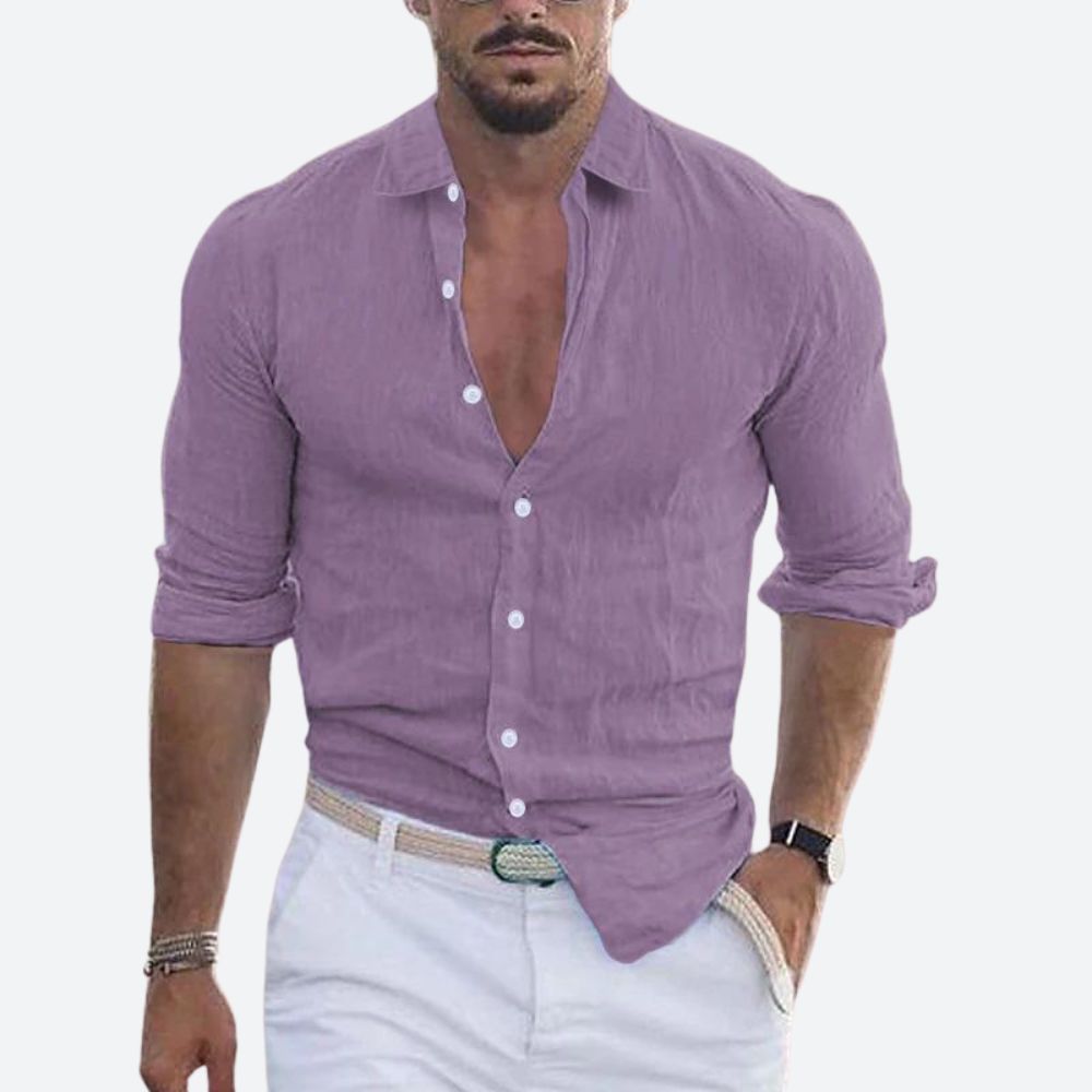 Slim-fit herenoverhemd van linnen, open kraag, zomers overhemd met knoopsluiting