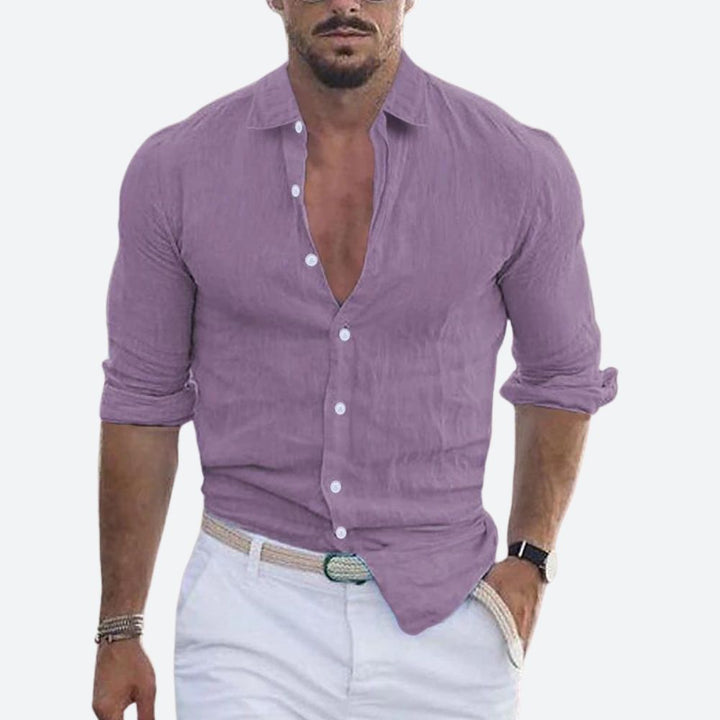 Slim-fit herenoverhemd van linnen, open kraag, zomers overhemd met knoopsluiting