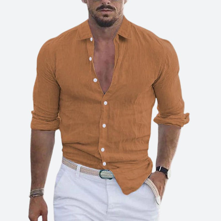 Slim-fit herenoverhemd van linnen, open kraag, zomers overhemd met knoopsluiting