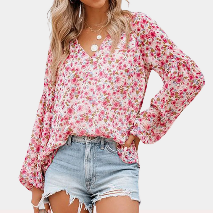 Chiffon Bloemenprint Blouse met V-hals – Elegantie en Comfort Gecombineerd