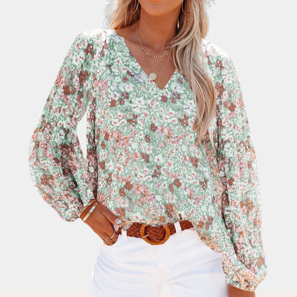 Chiffon Bloemenprint Blouse met V-hals – Elegantie en Comfort Gecombineerd