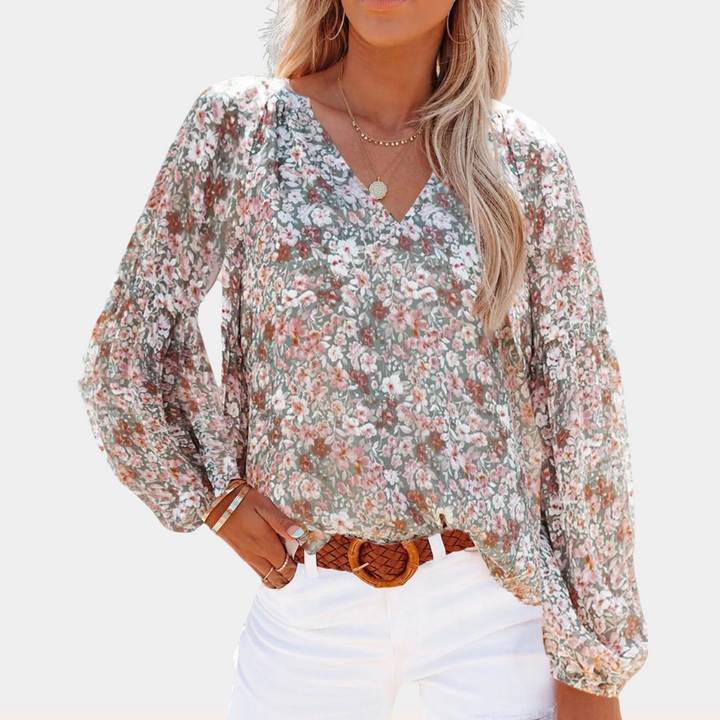 Chiffon Bloemenprint Blouse met V-hals – Elegantie en Comfort Gecombineerd