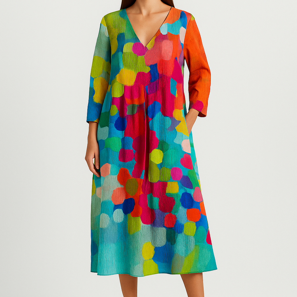 Ariella – Kleurrijke Jurk met V-Hals en Elegant Design