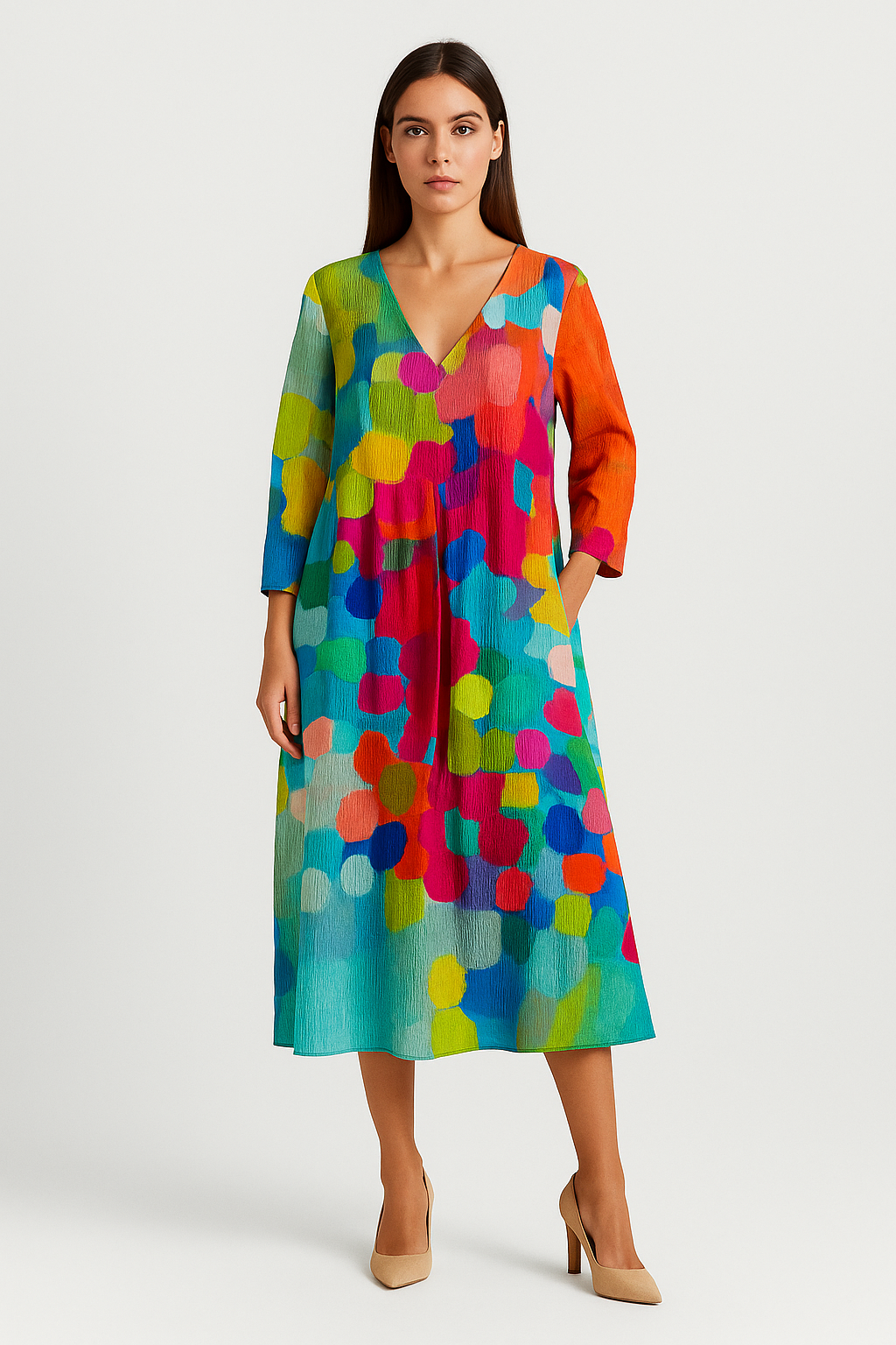 Ariella – Kleurrijke Jurk met V-Hals en Elegant Design