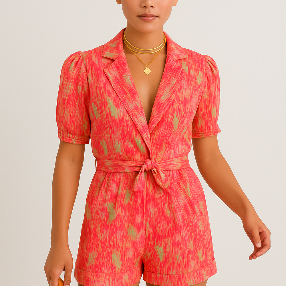 Aureza – Korte Zomerjumpsuit met Tailleband en Speelse Print - SkinzLine
