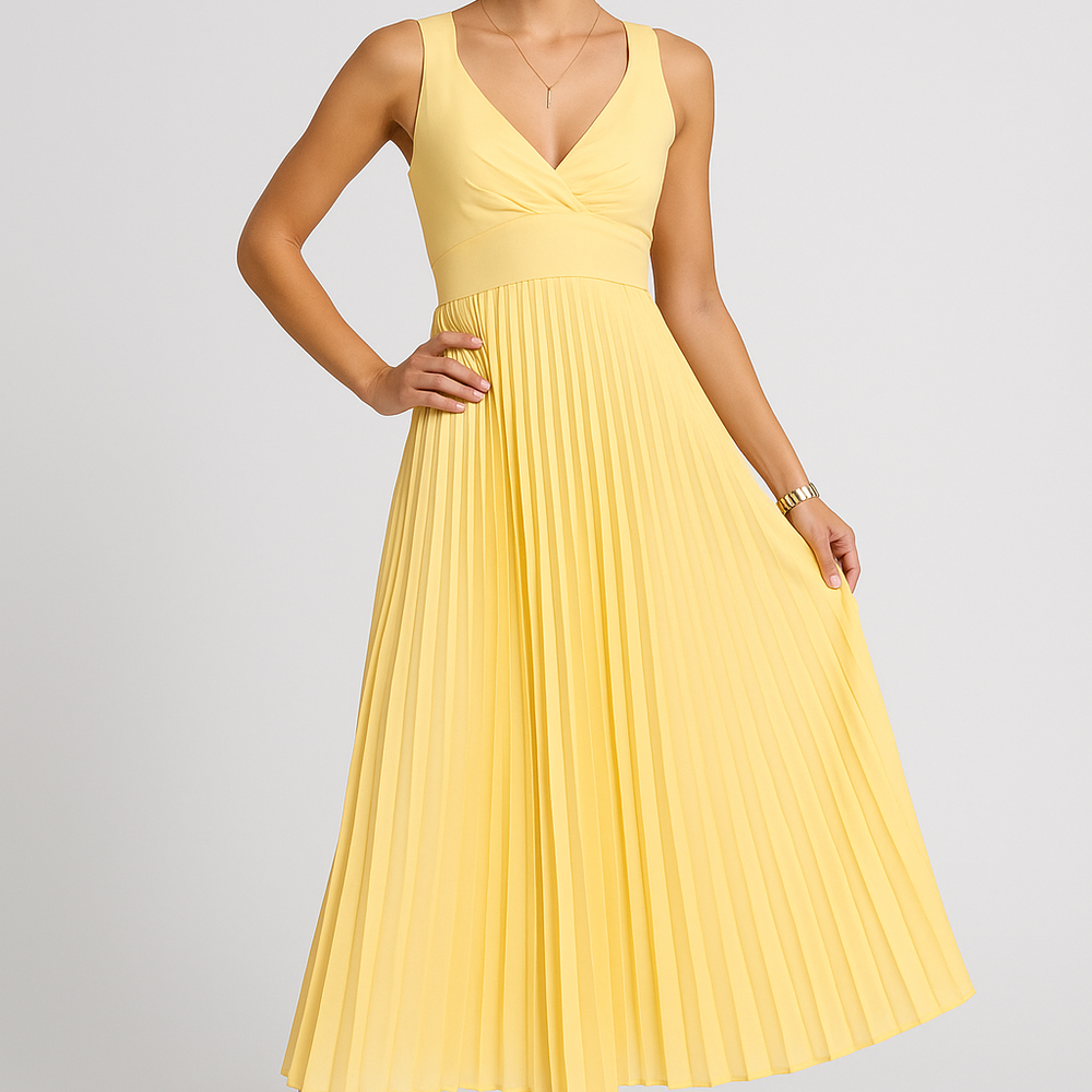 Aylin – Geel Plissé Maxi Jurk met V-Hals