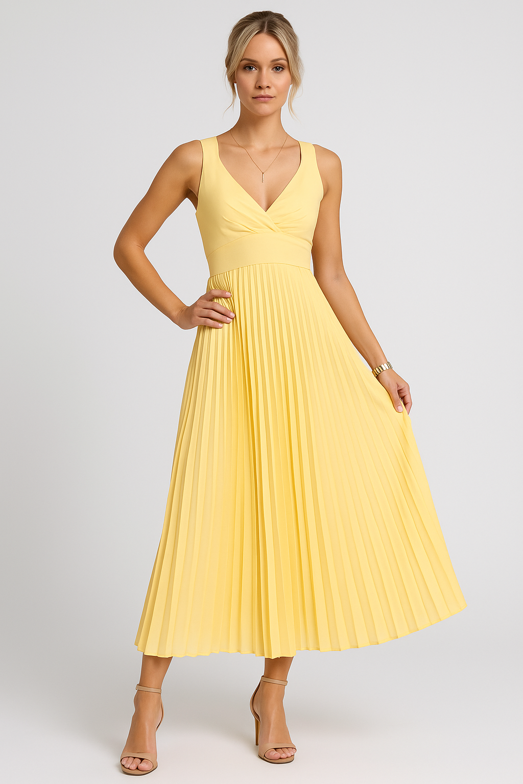 Aylin – Geel Plissé Maxi Jurk met V-Hals