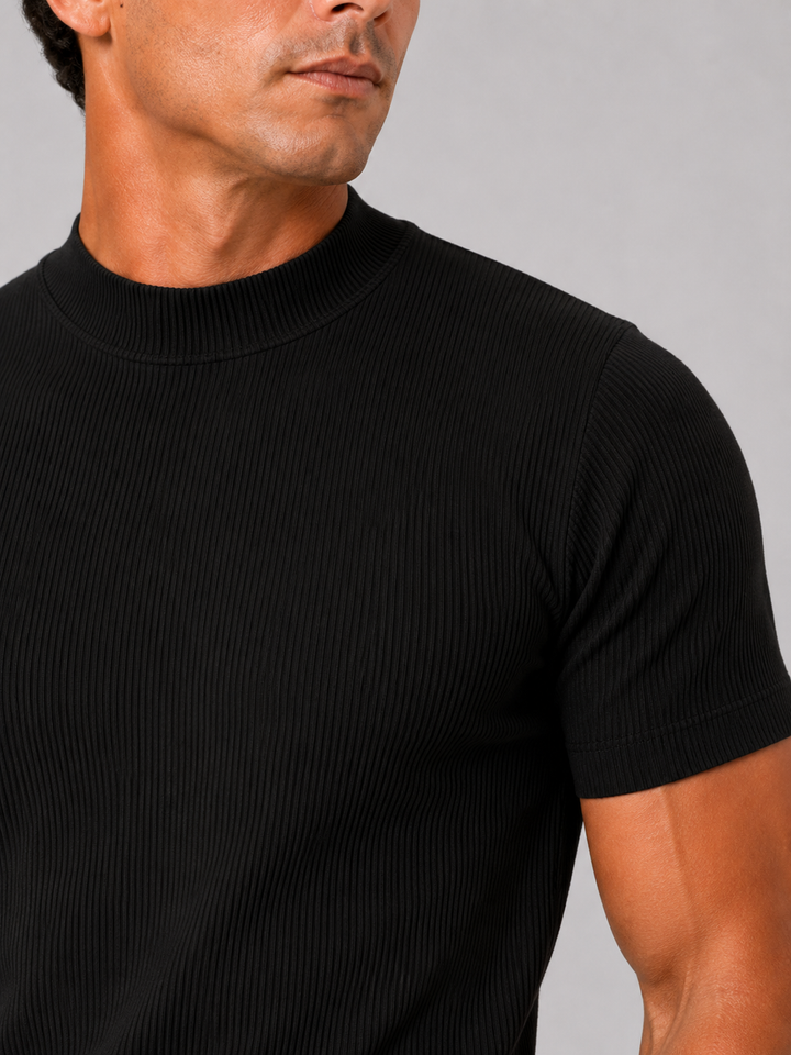 Geribd heren-T-shirt met opstaande kraag – aansluitende stretch top met korte mouwen