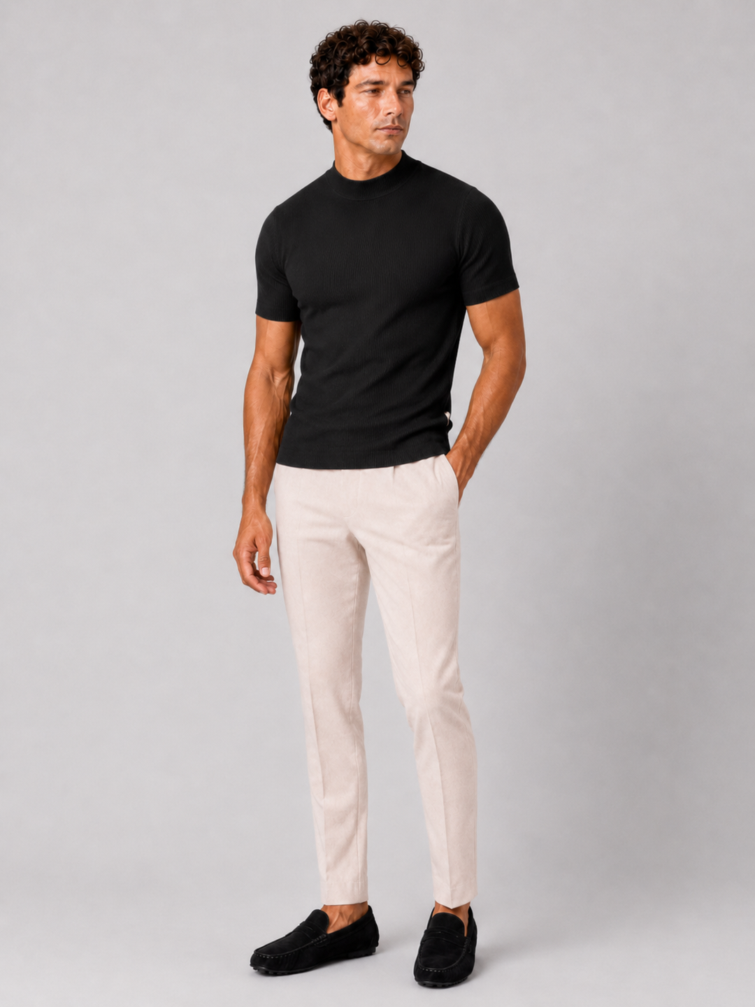 Geribd heren-T-shirt met opstaande kraag – aansluitende stretch top met korte mouwen