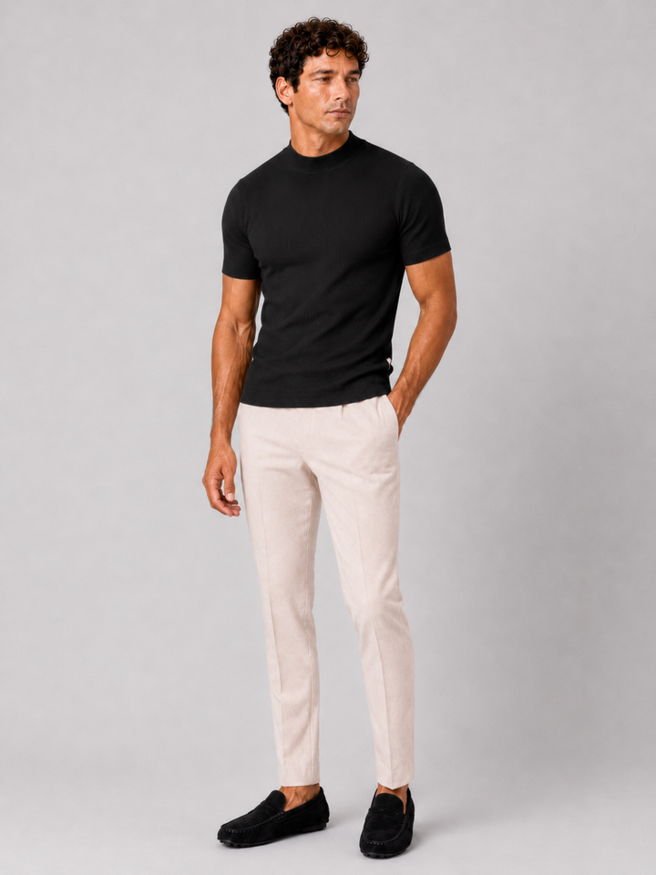 Geribd heren-T-shirt met opstaande kraag – aansluitende stretch top met korte mouwen