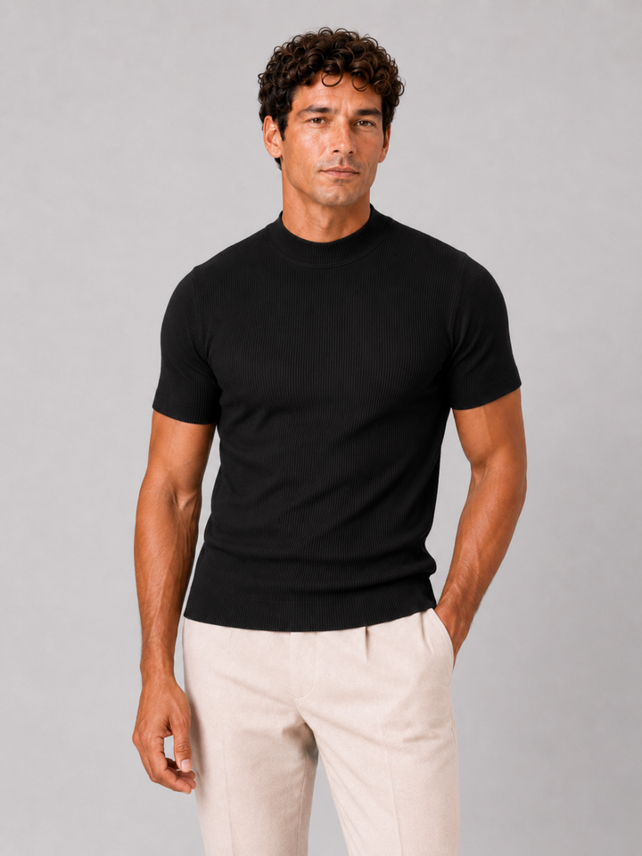 Geribd heren-T-shirt met opstaande kraag – aansluitende stretch top met korte mouwen