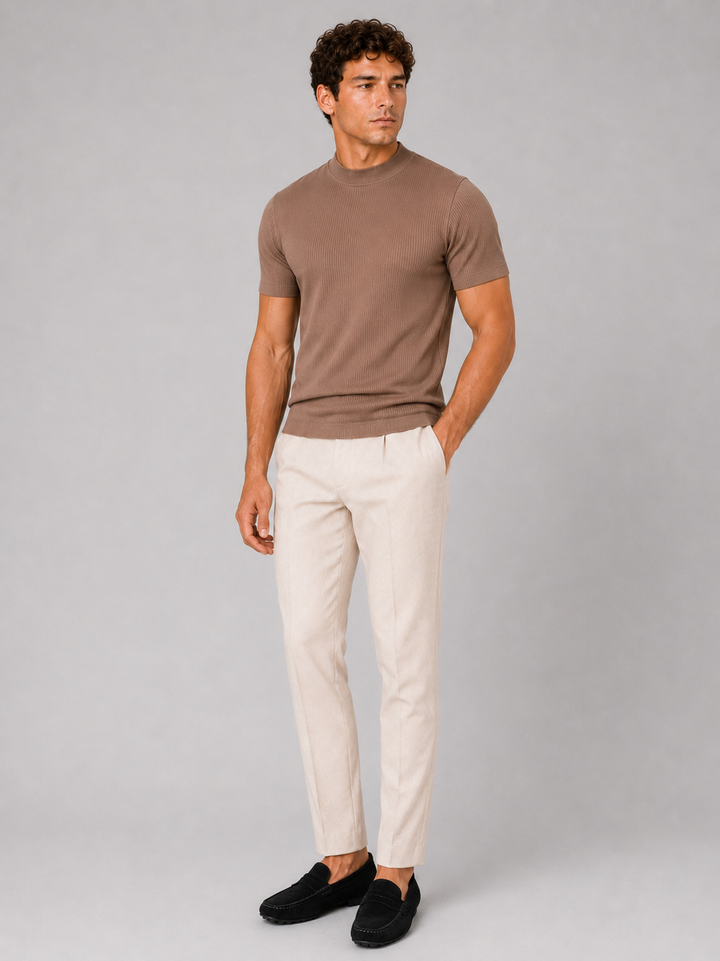 Geribd heren-T-shirt met opstaande kraag – aansluitende stretch top met korte mouwen