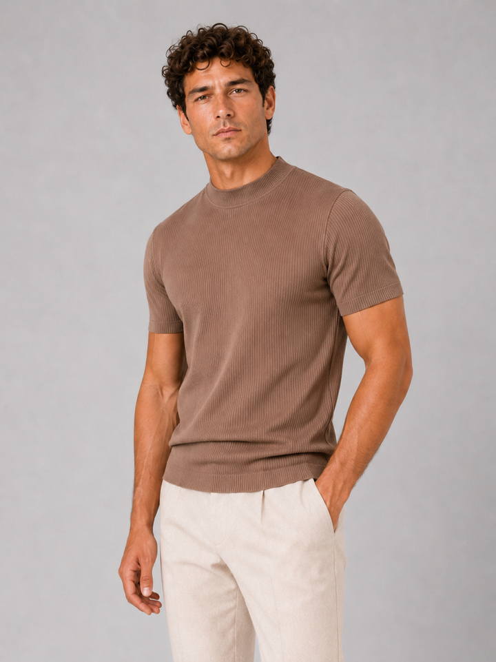 Geribd heren-T-shirt met opstaande kraag – aansluitende stretch top met korte mouwen