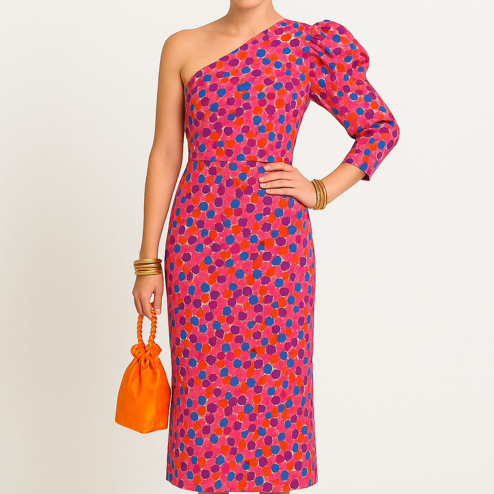 Celestia – One-Shoulder Geplooide Midi Jurk - SkinzLine