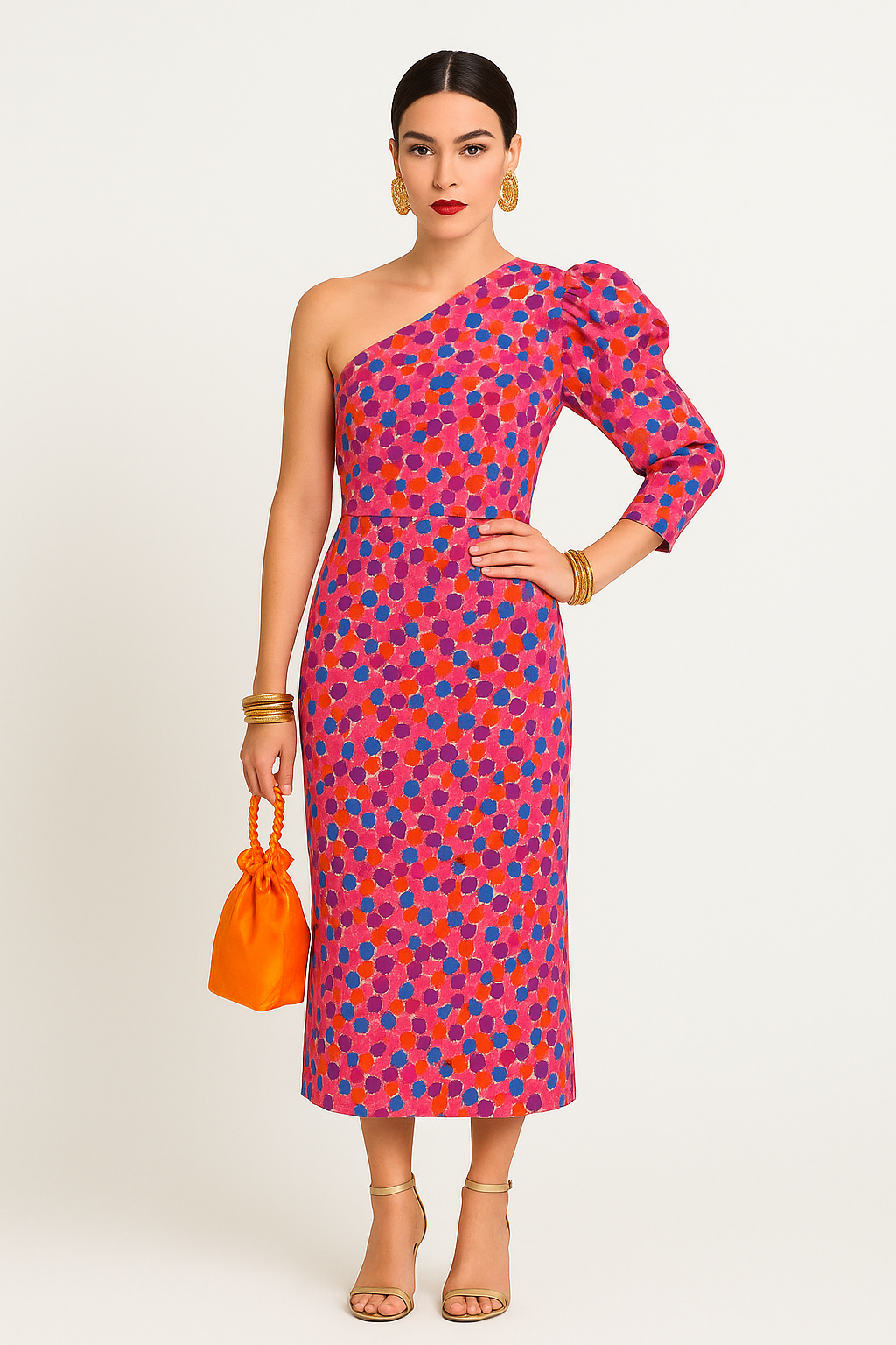 Celestia – One-Shoulder Geplooide Midi Jurk - SkinzLine