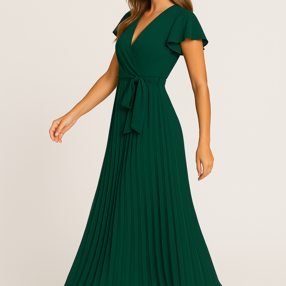 
                  
                    Celina – Chiffon Geplooide Maxi Wikkeljurk met Ceintuur - SkinzLine
                  
                