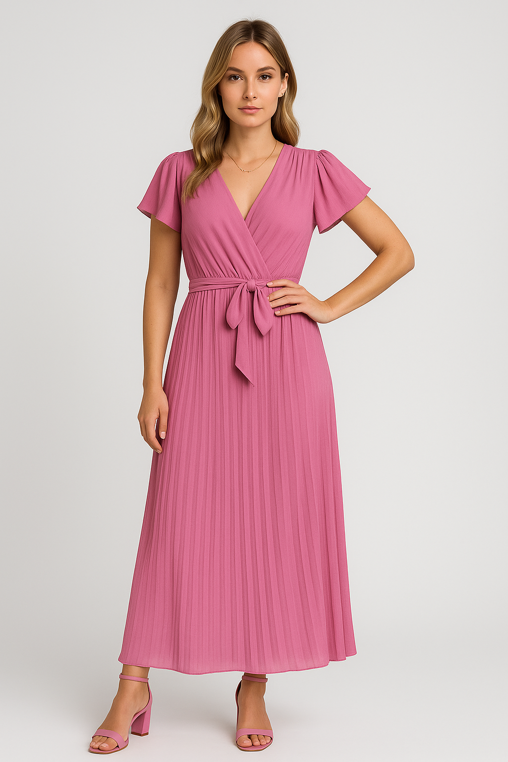 Celina – Chiffon Geplooide Maxi Wikkeljurk met Ceintuur - SkinzLine
