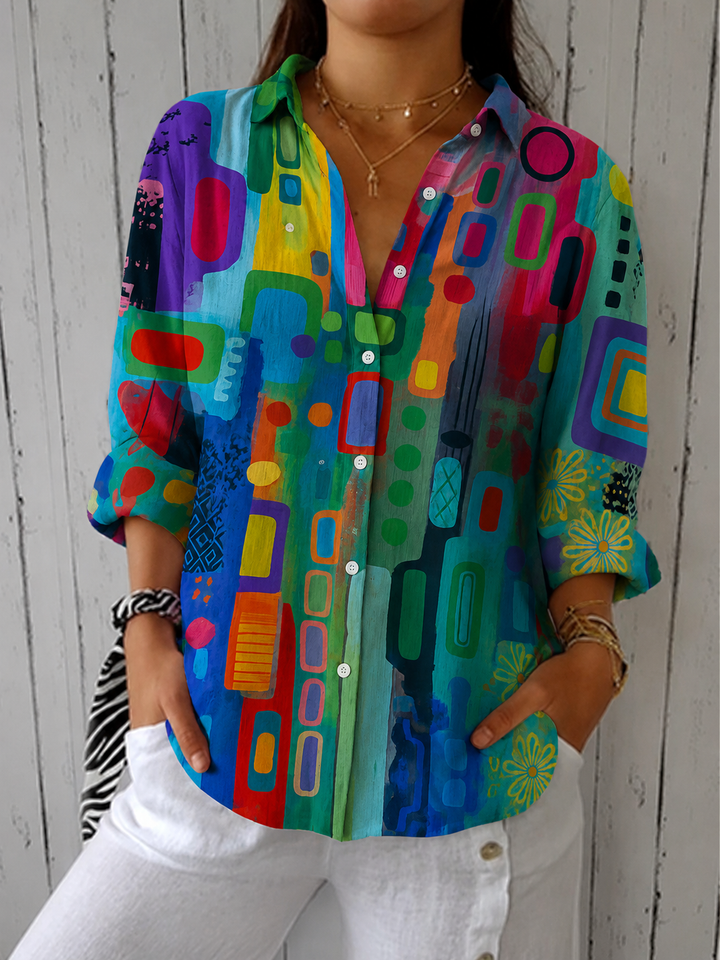 Damesblouse met kunstzinnig bedrukte knoopsluiting en losse pasvorm