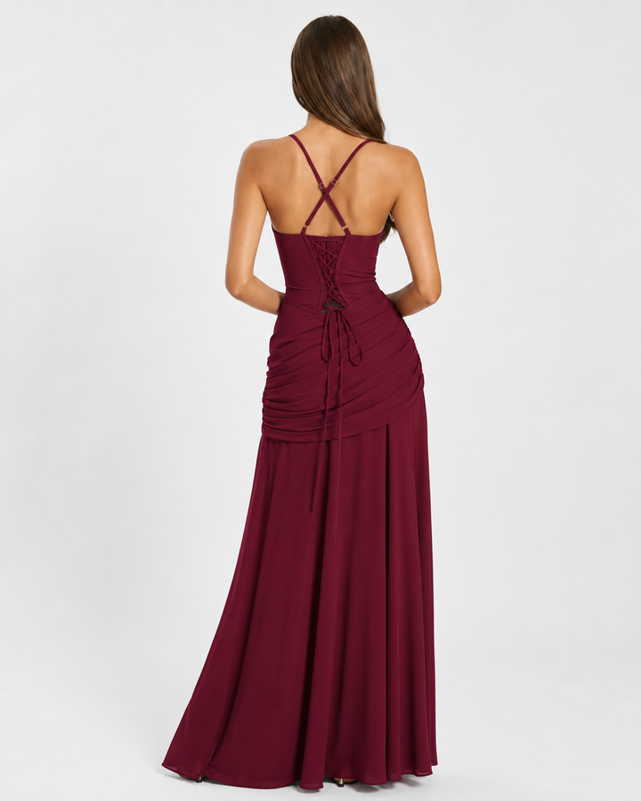 Soepel vallende chiffon maxi-jurk met watervalhals en vetersluiting op de rug