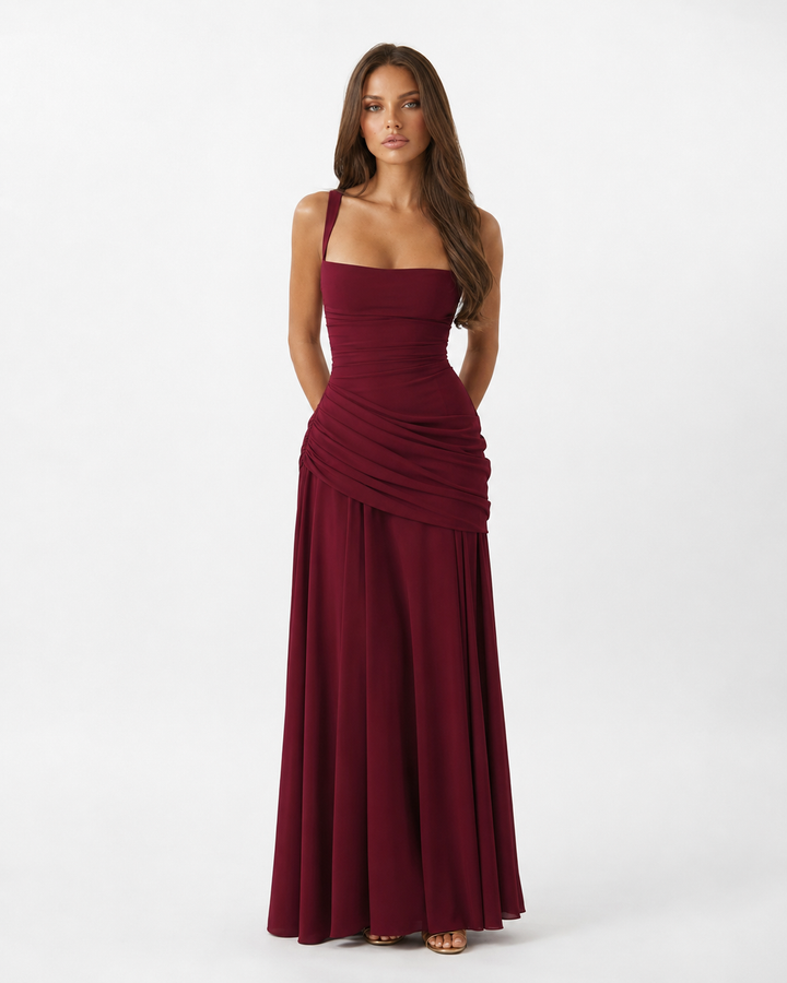 Soepel vallende chiffon maxi-jurk met watervalhals en vetersluiting op de rug