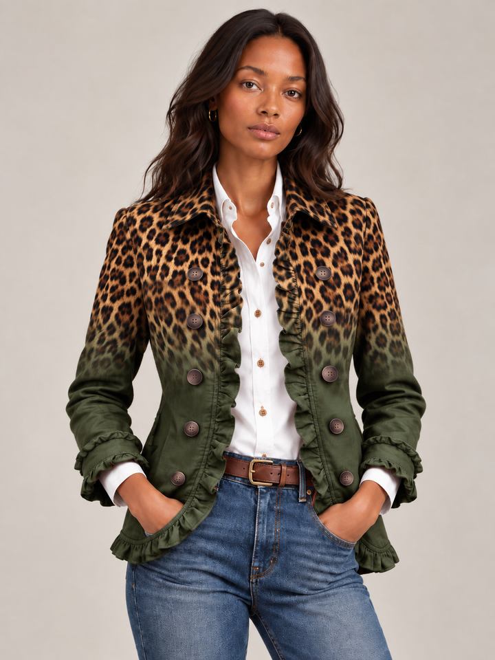 Damesblazer met luipaardprint in kleurverloop en ruches, met dubbele knoopsluiting voor