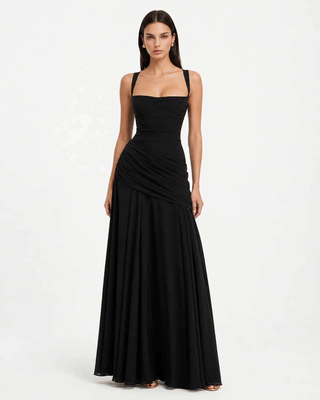 Soepel vallende chiffon maxi-jurk met watervalhals en vetersluiting op de rug