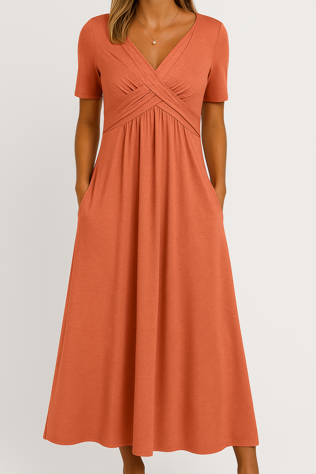 Briana - Elegante Midi V-Hals Jurk met zakken - SkinzLine