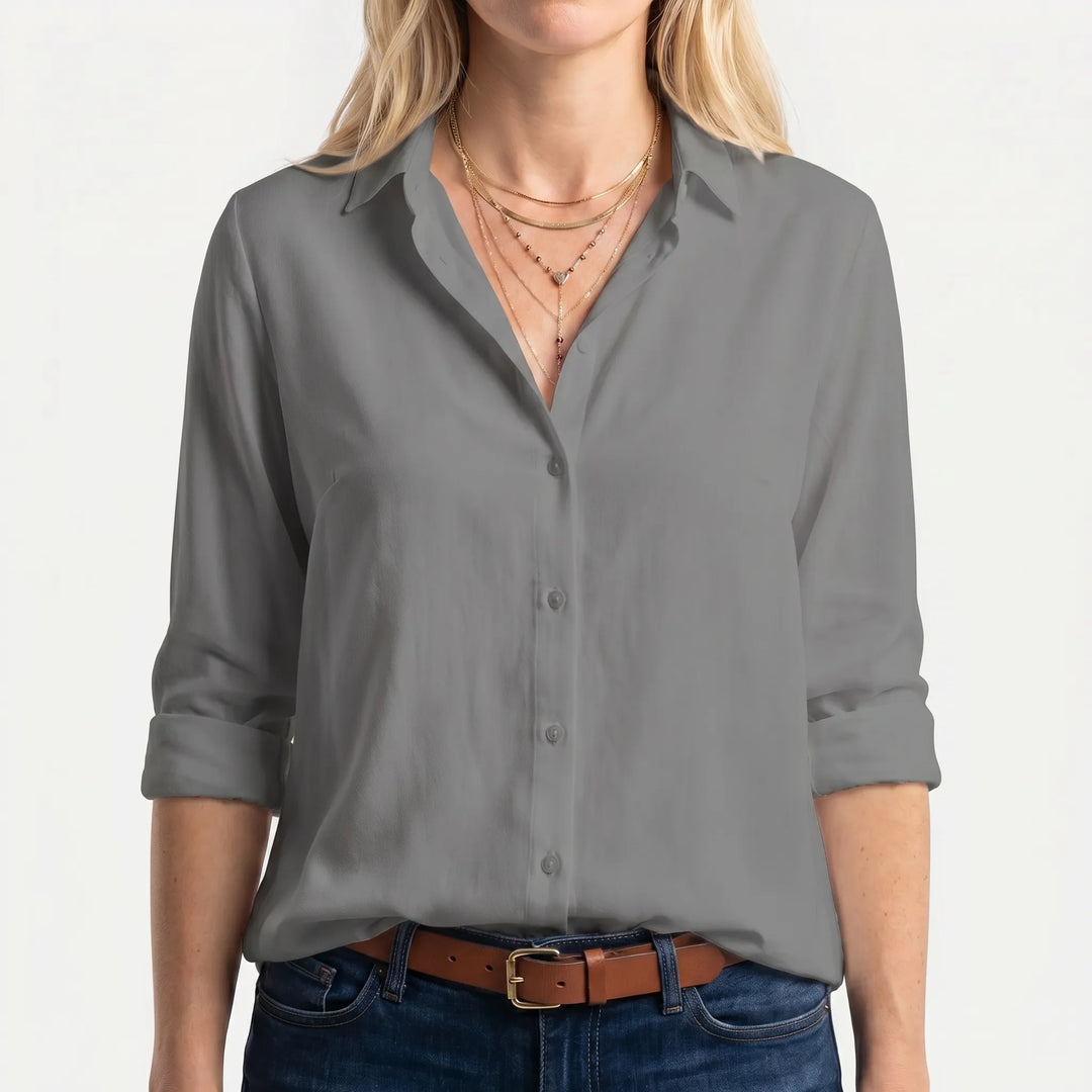ClarvelleLong-Sleeve Collared Button-Up Blouse