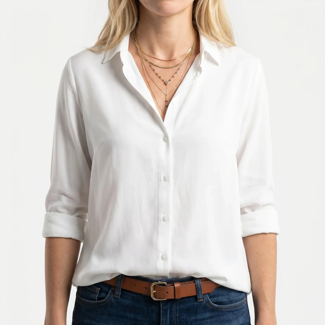 ClarvelleLong-Sleeve Collared Button-Up Blouse