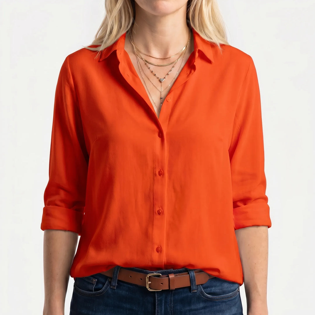 ClarvelleLong-Sleeve Collared Button-Up Blouse