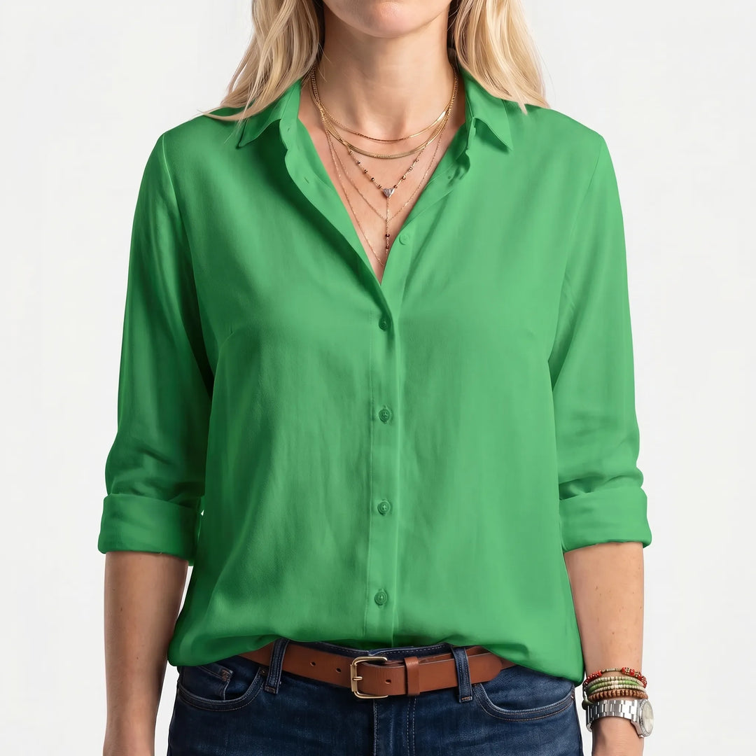 ClarvelleLong-Sleeve Collared Button-Up Blouse
