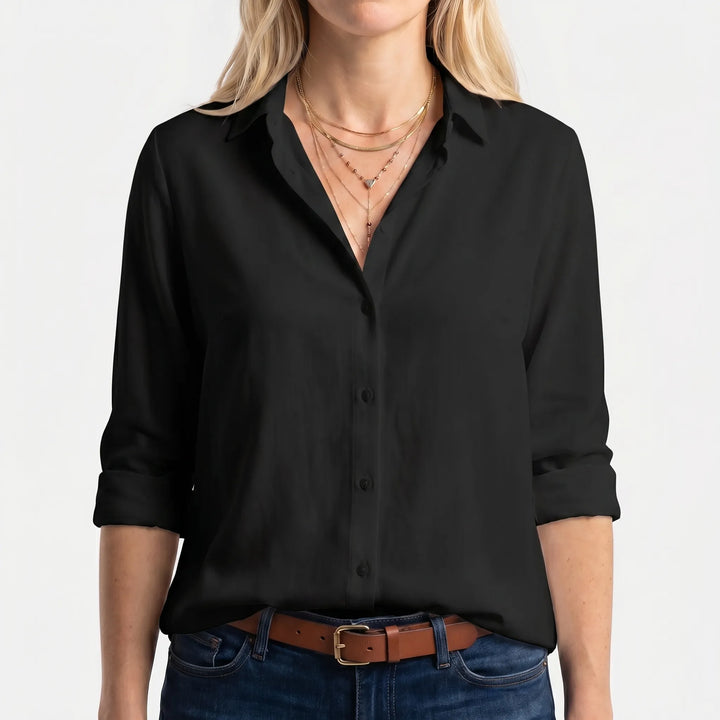 ClarvelleLong-Sleeve Collared Button-Up Blouse
