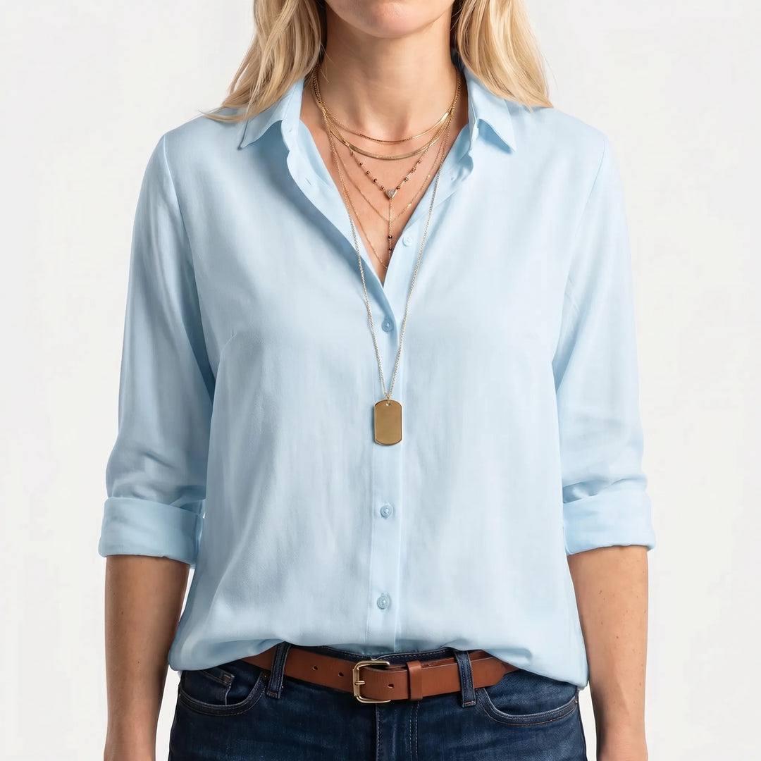 ClarvelleLong-Sleeve Collared Button-Up Blouse