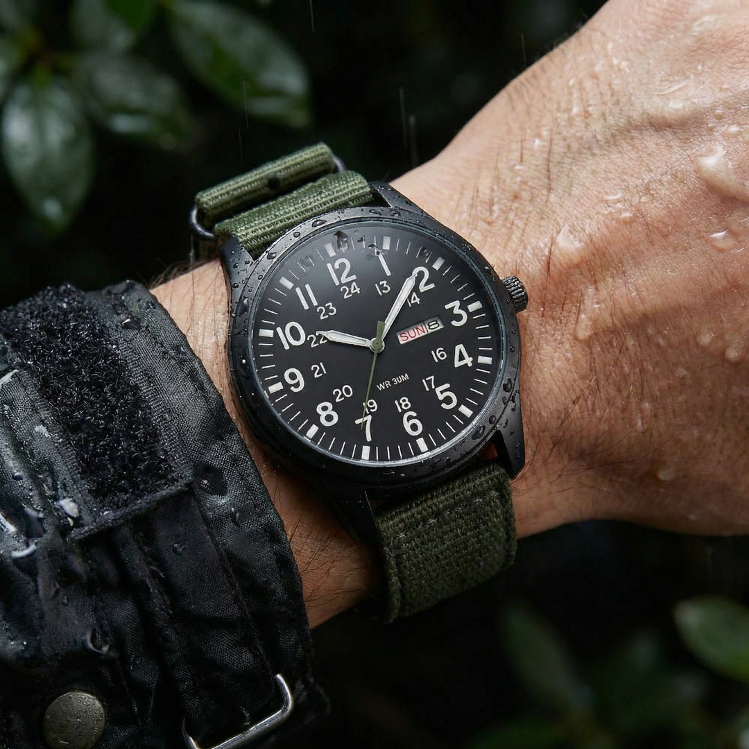 Herenhorloge in veldstijl met geweven stoffen band en dag- en datumaanduiding